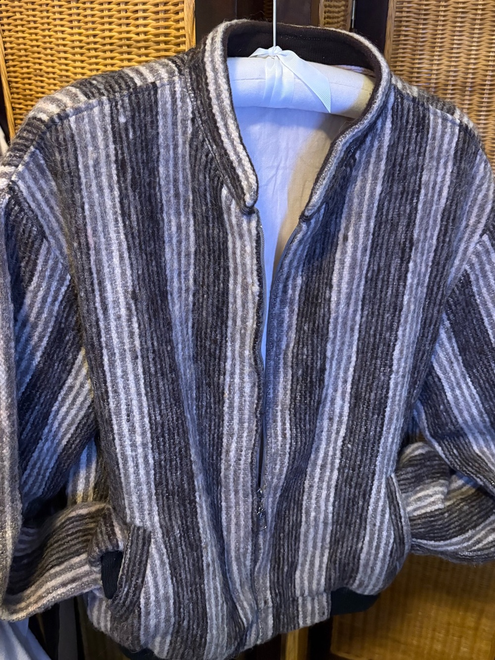 Wool Blend Striped Workwear Bomber Jacket